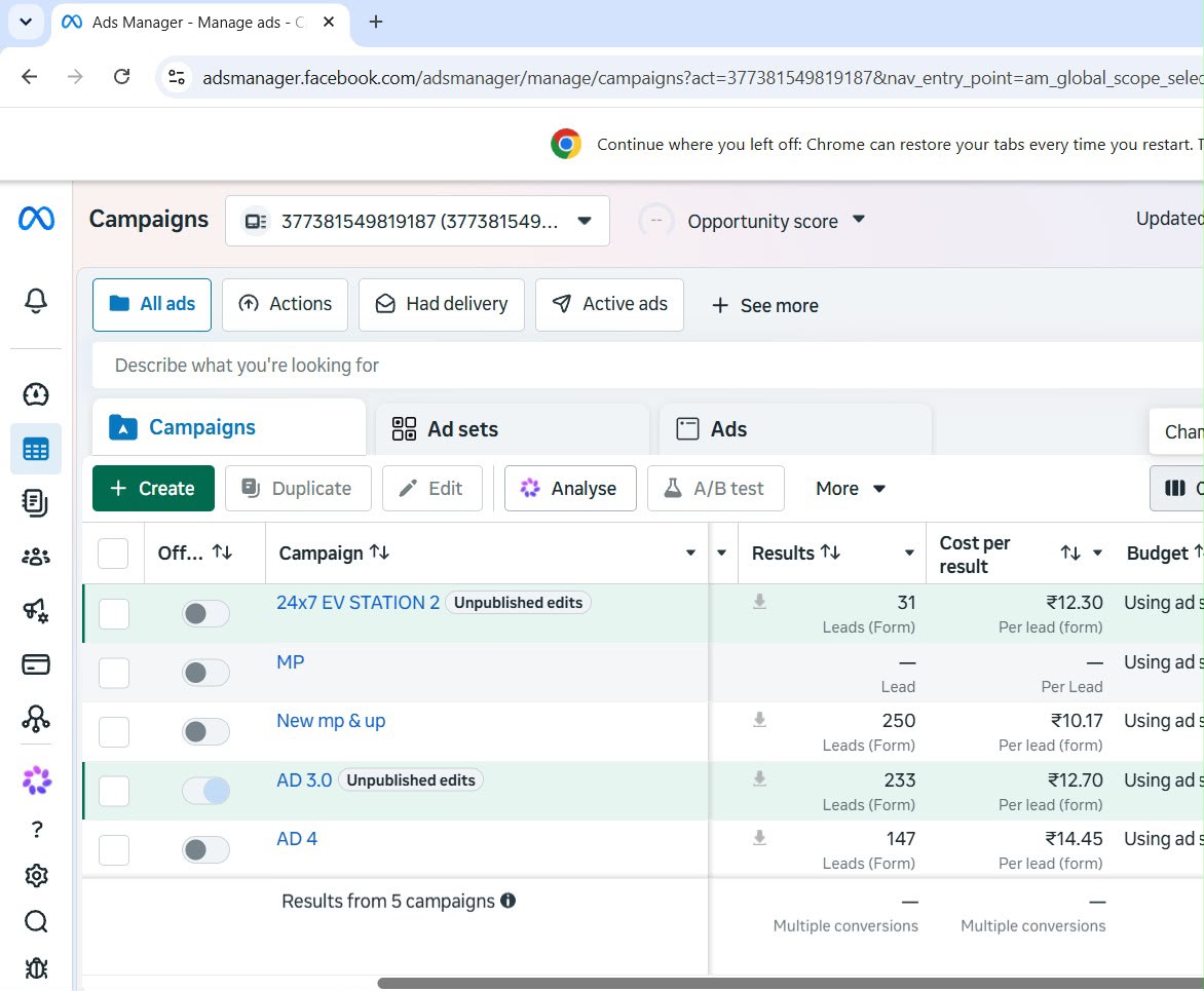 24x7 EV Station — meta ads / lead generation evidence